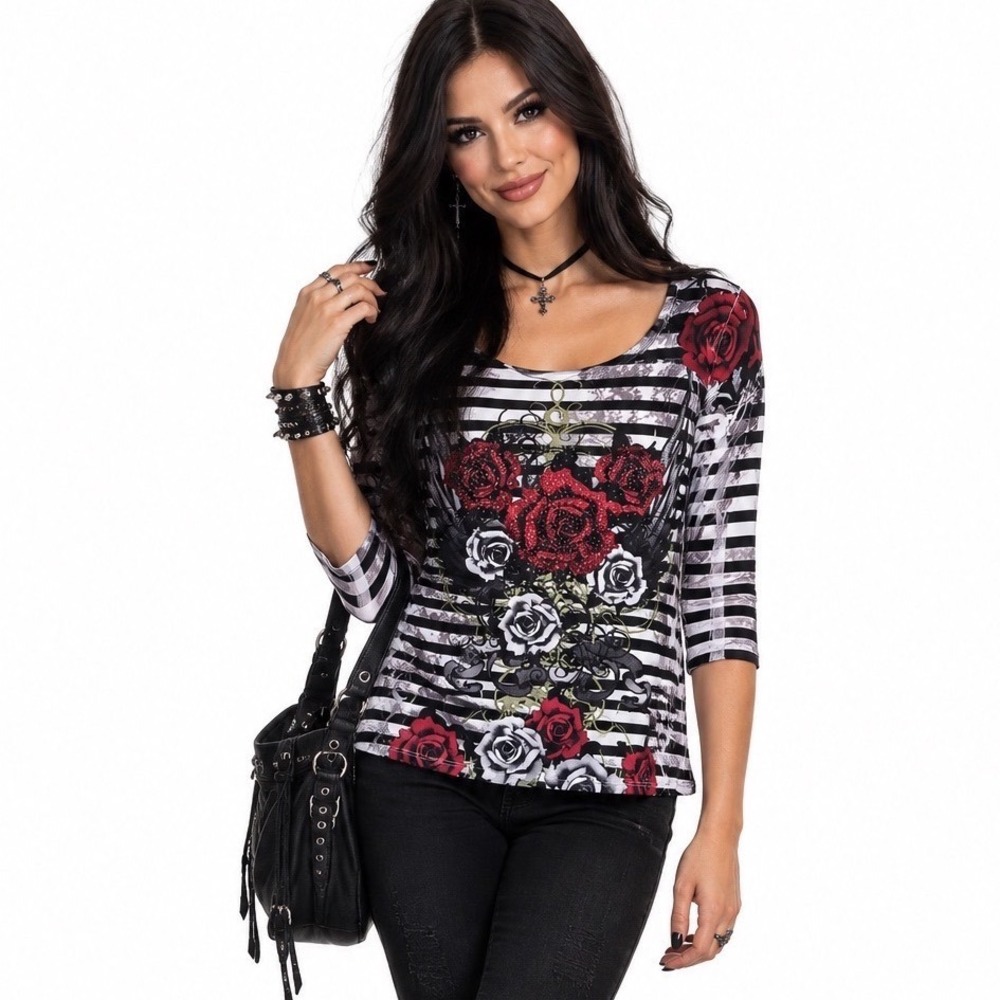 VTG Cache Tattoo Roses Top Womens M Goth Bling Striped Emo Grunge Whimsigoth Y2k
